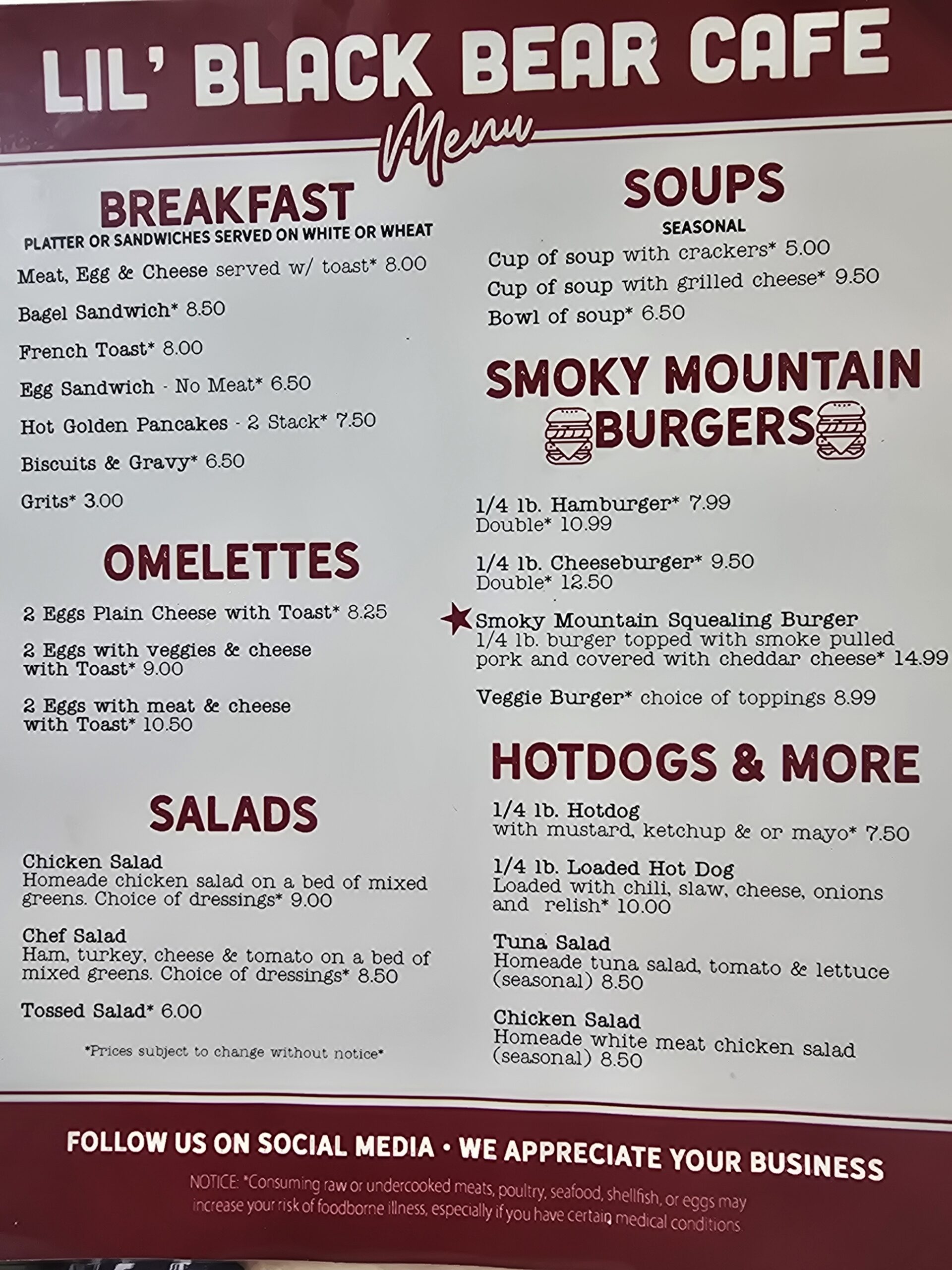 Menu for the best breakfast and lunch cafe in Pigeon Forge.